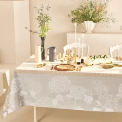 Nappe pur coton enduit motif jacquard beige Mille hortensias naturel