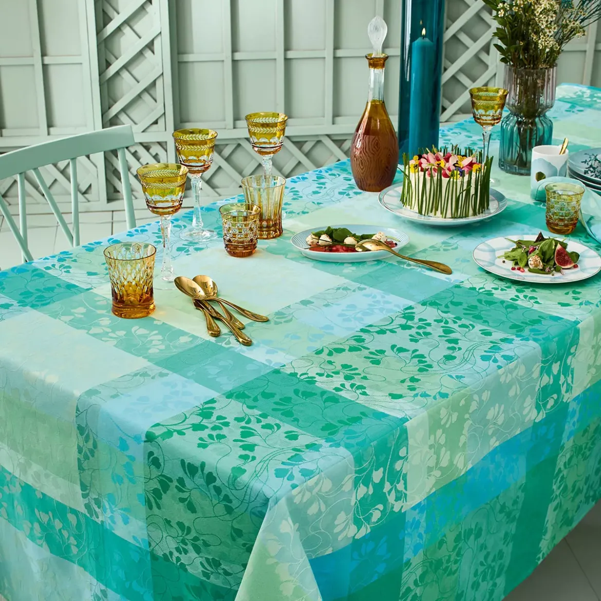 Nappe pur coton enduit motif jacquard bleu vert Mille feuillages turquoise