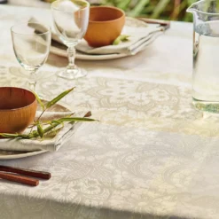 Nappe pur coton enduit motif jacquard beige Mille dentelles naturel