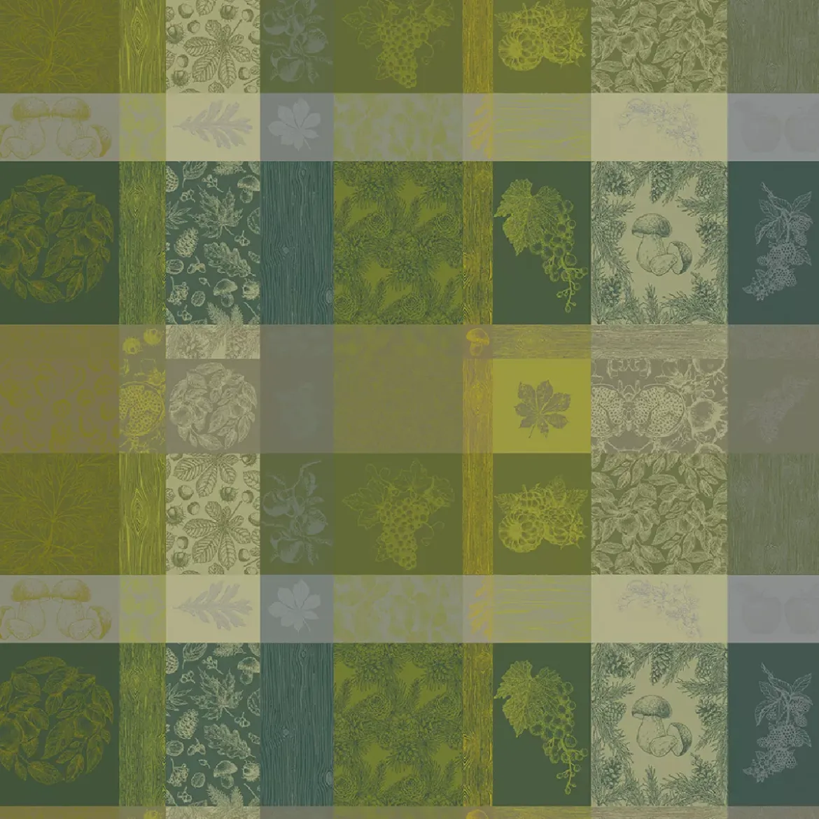 Nappe pur coton enduit motif jacquard vert Mille bois d'automne mousse