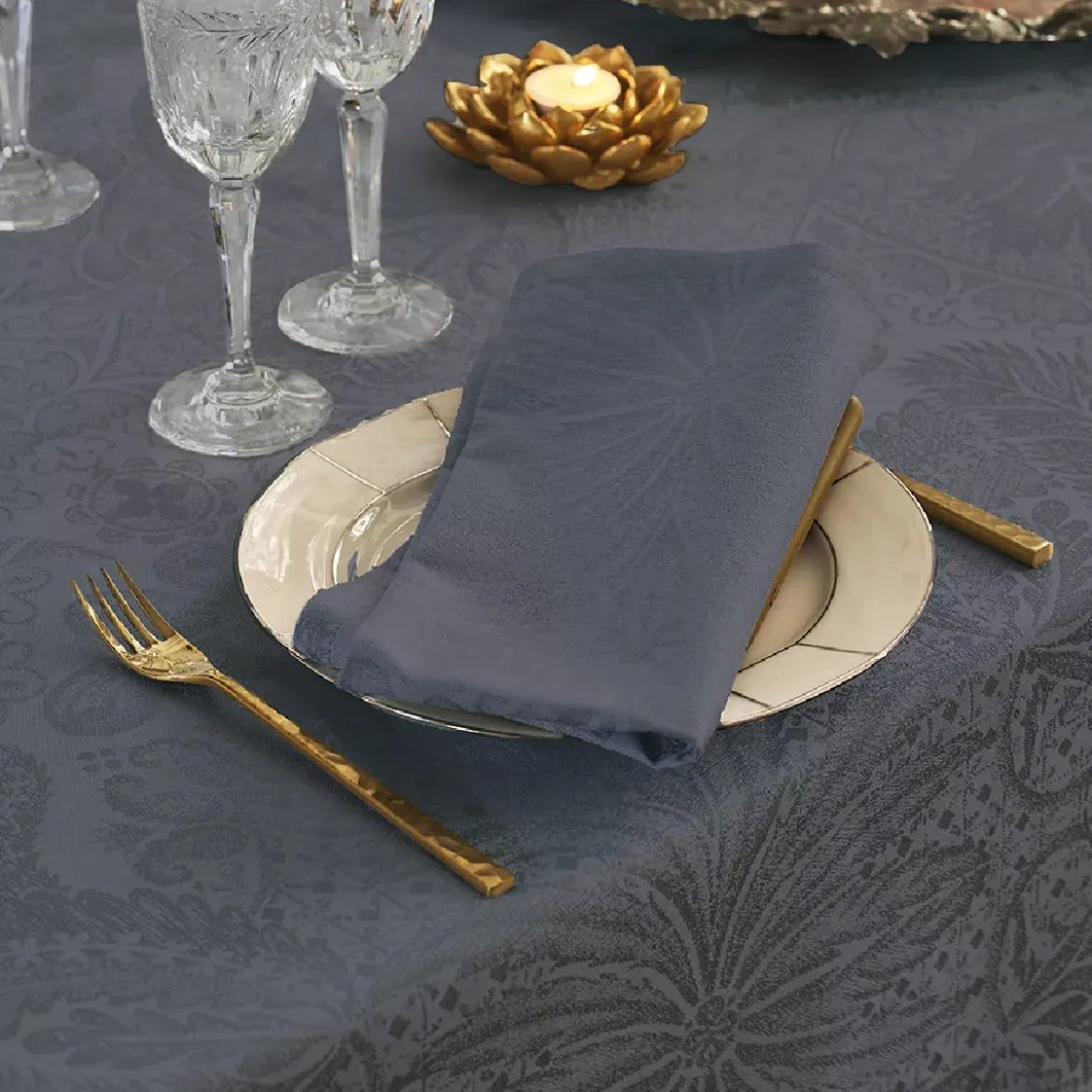 Nappe pur coton enduit motif jacquard gris Mille isaphire zinc