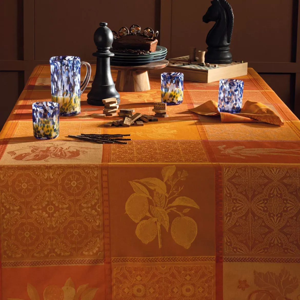 Nappe pur coton enduit motif jacquard orange jaune Mille tutti frutti ocre