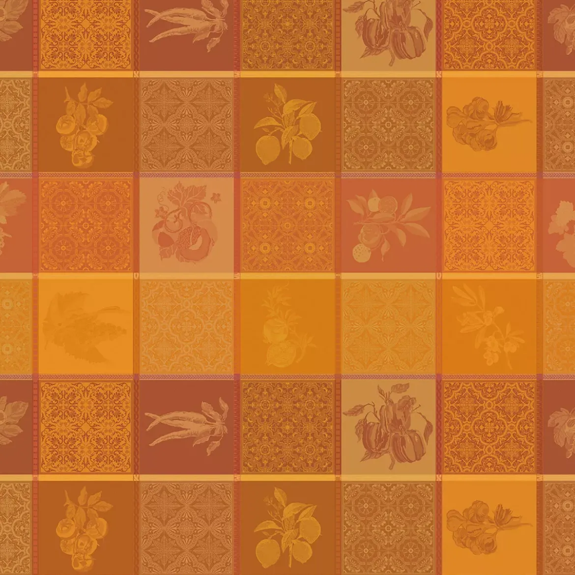 Nappe pur coton enduit motif jacquard orange jaune Mille tutti frutti ocre