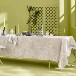 Nappe pur coton 220 g/m² motif jacquard beige Mille esprit jardins chanvre