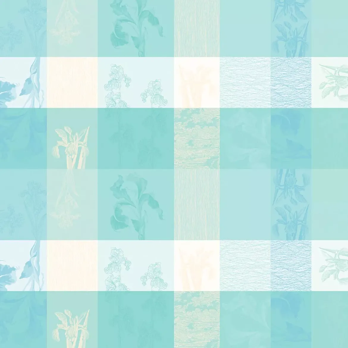 Nappe pur coton 220 g/m² motif jacquard bleu beige Mille iris d'eau aqua