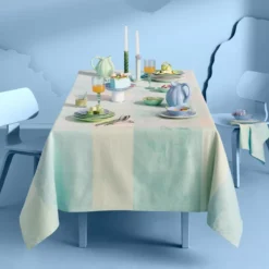 Nappe pur coton 220 g/m² motif jacquard bleu beige Mille iris d'eau aqua