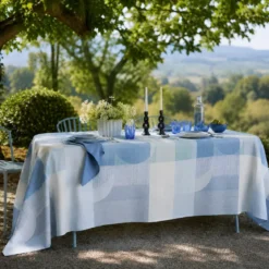 Nappe pur coton 220 g/m² motif jacquard bleu vert Mille textures bleu