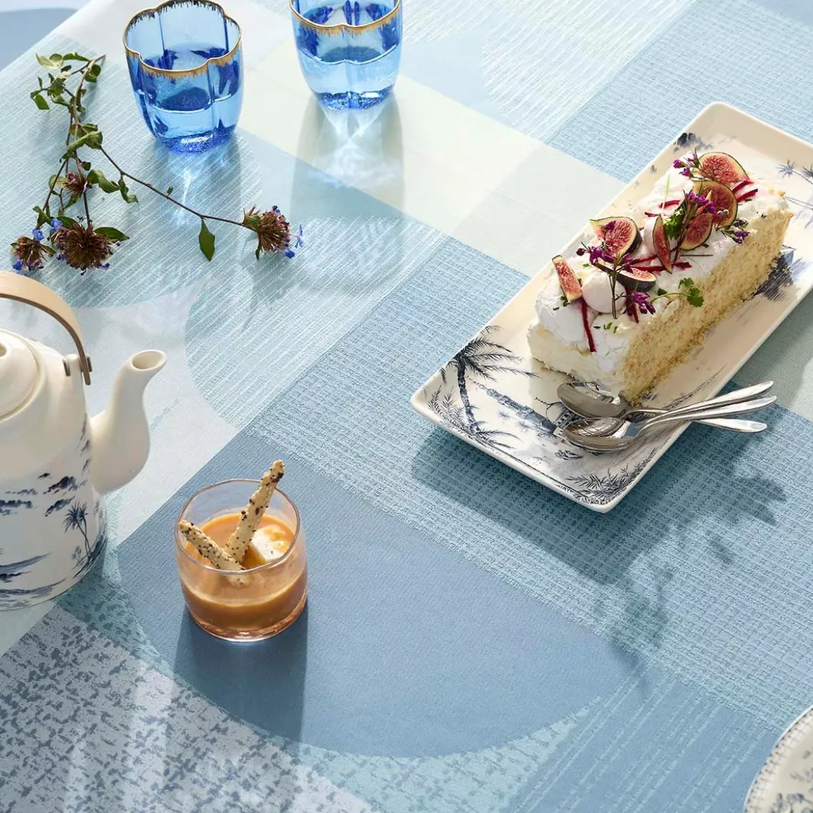 Nappe pur coton 220 g/m² motif jacquard bleu vert Mille textures bleu