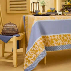 Nappe pur coton 220 g/m² motif jacquard bleu jaune Mille citrons provence