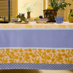 Nappe pur coton 220 g/m² motif jacquard bleu jaune Mille citrons provence