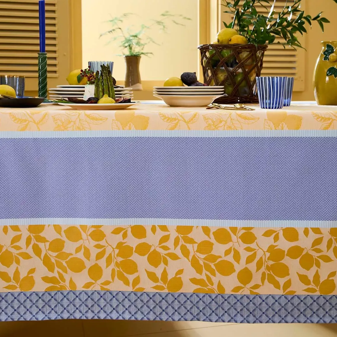 Nappe pur coton 220 g/m² motif jacquard bleu jaune Mille citrons provence
