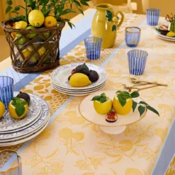 Nappe pur coton 220 g/m² motif jacquard bleu jaune Mille citrons provence