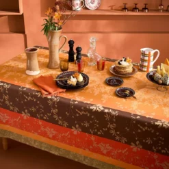 Nappe pur coton 220 g/m² motif jacquard orange marron Mille lierres automne