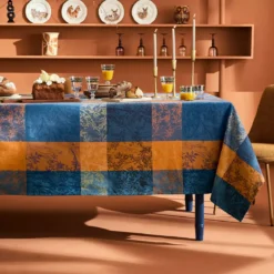 Nappe pur coton 220 g/m² motif jacquard bleu brun Mille branchages crepuscule