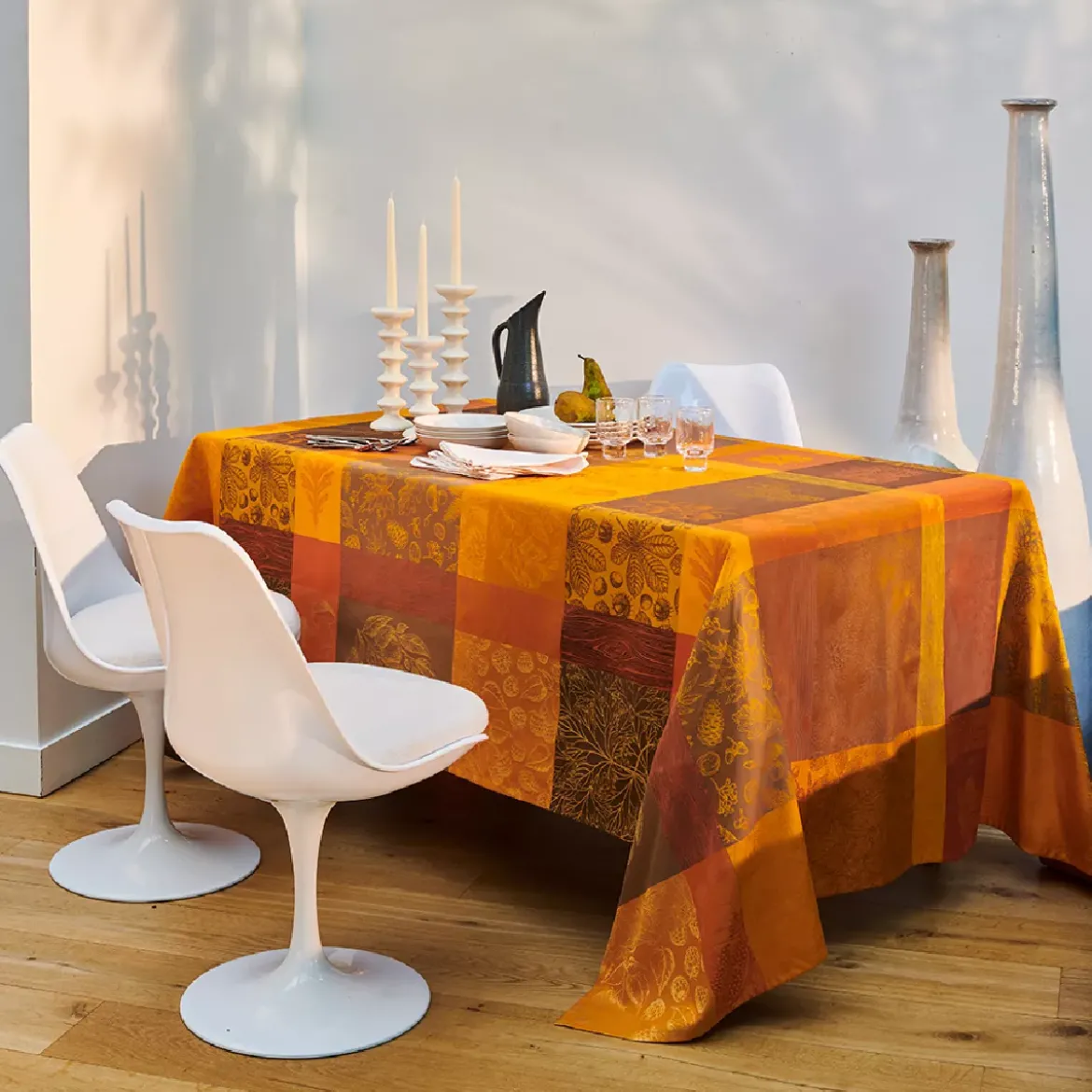 Nappe pur coton motif jacquard orange Mille bois d'automne potiron