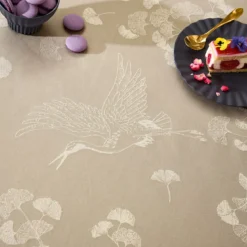 Nappe pur coton motif jacquard beige Mille ginkos naturel