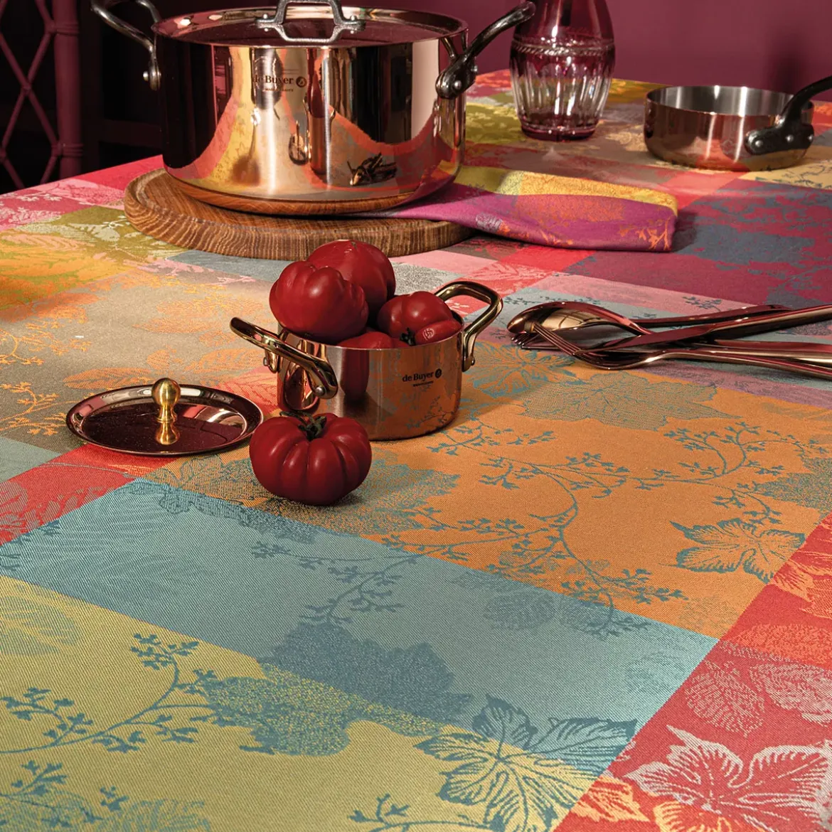 Nappe pur coton motif jacquard bordeaux orange Mille sous bois automne