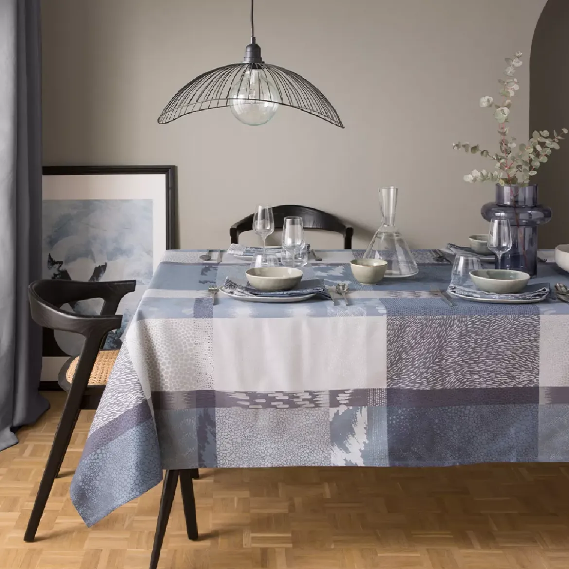 Nappe pur coton motif jacquard bleu gris Mille matieres orage