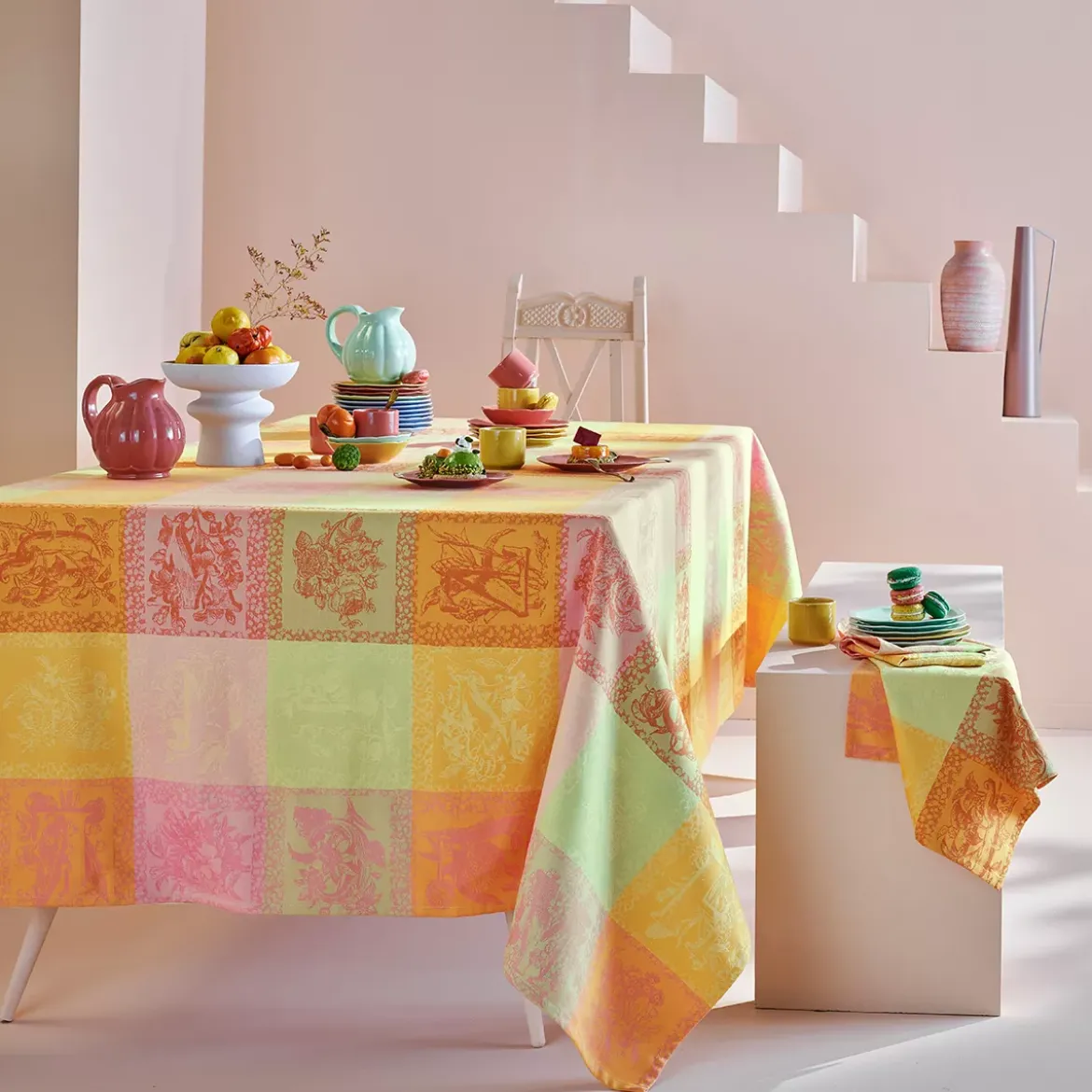 Nappe pur coton motif jacquard multicolore Mille abecedaire chatoyant