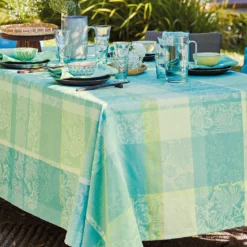 Nappe pur coton motif jacquard vert Mille venusta aqua