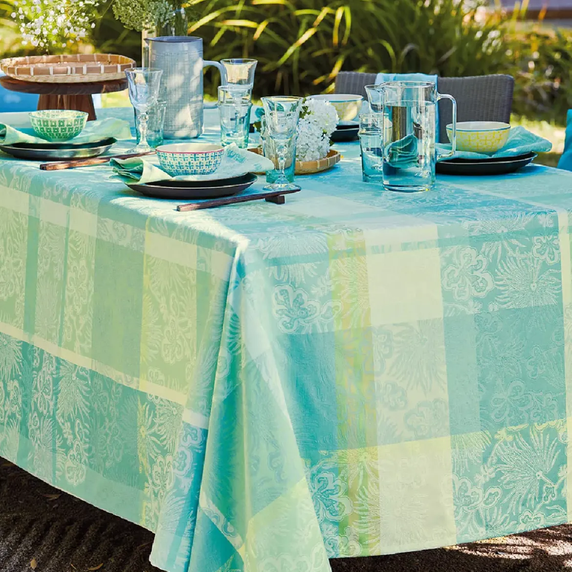 Nappe pur coton motif jacquard vert Mille venusta aqua