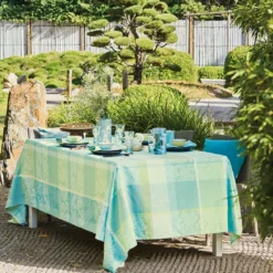 Nappe pur coton motif jacquard vert Mille venusta aqua