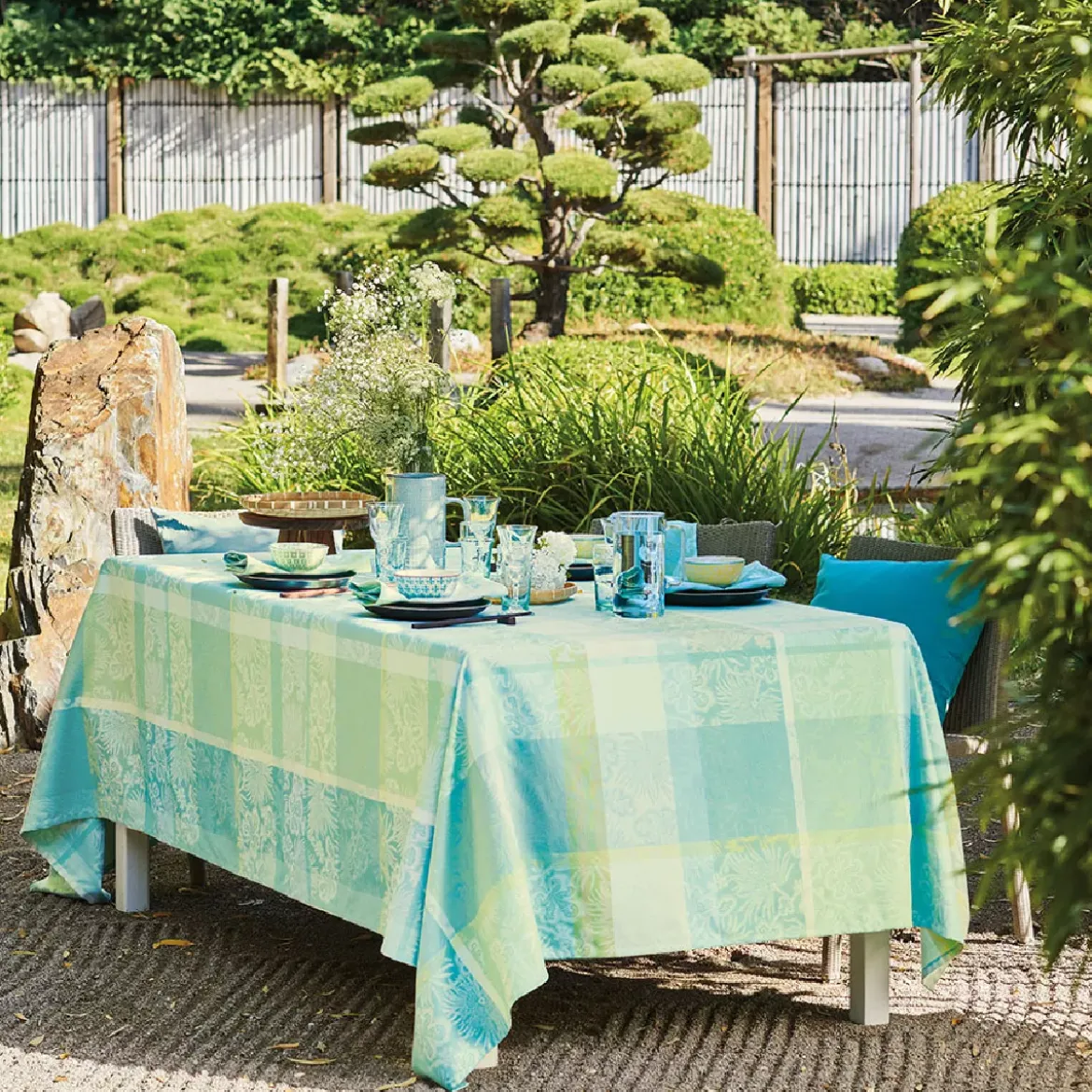 Nappe pur coton motif jacquard vert Mille venusta aqua