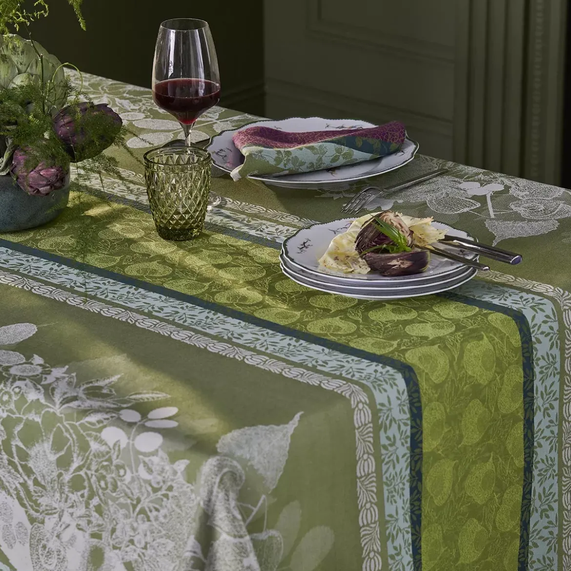Nappe pur coton motif jacquard vert Mille botanique mousse