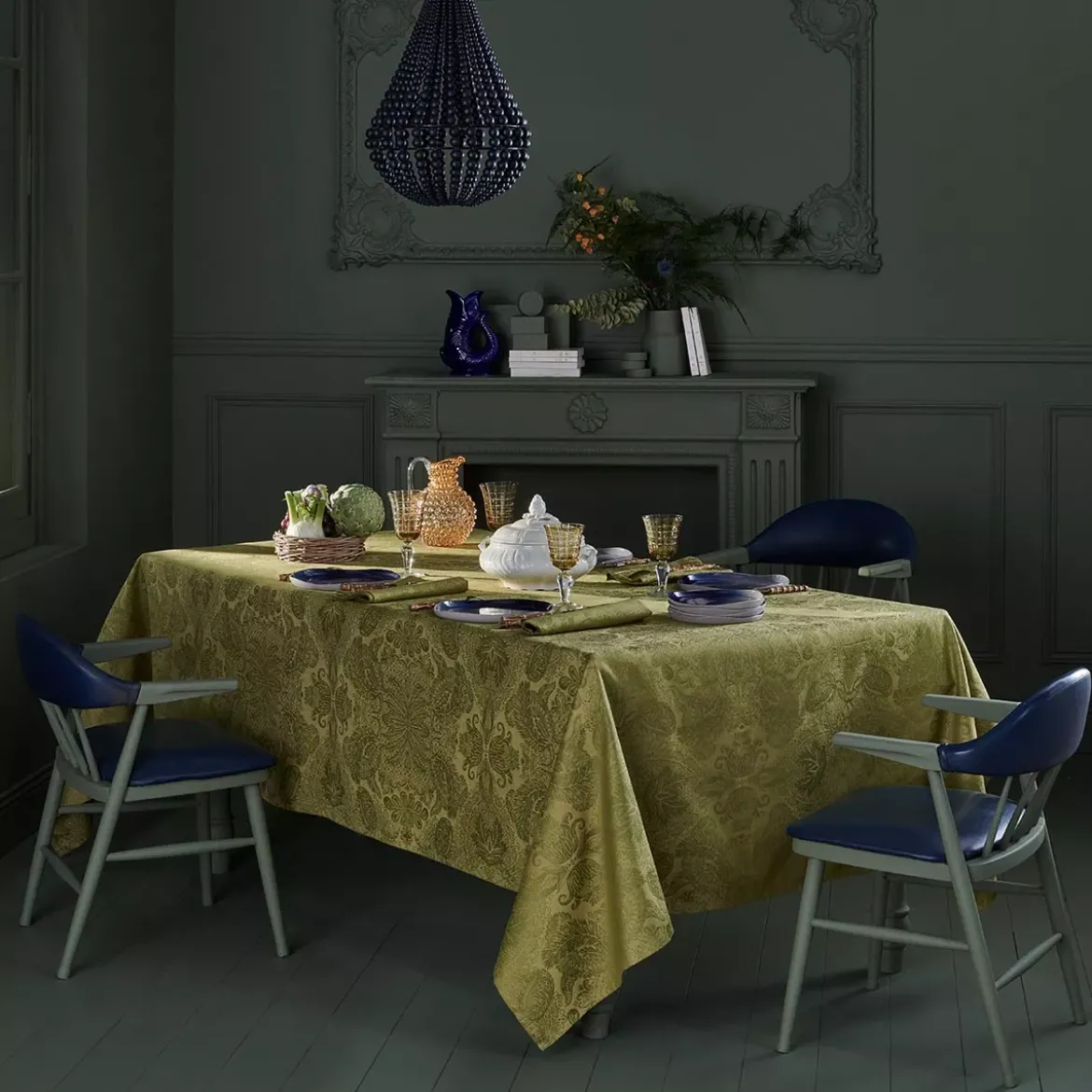 Nappe pur coton motif jacquard or Mille isaphire vermeil
