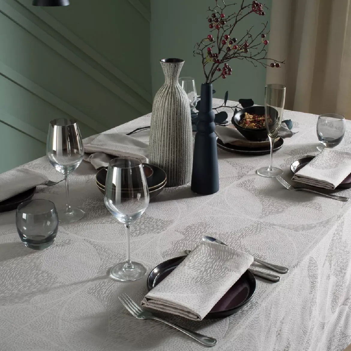 Nappe pur coton motif jacquard beige Mille gouttes nacre