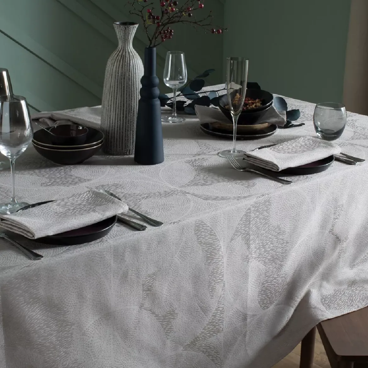 Nappe pur coton motif jacquard beige Mille gouttes nacre