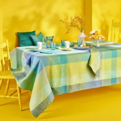 Nappe pur coton motif jacquard bleu Mille rainures atoll