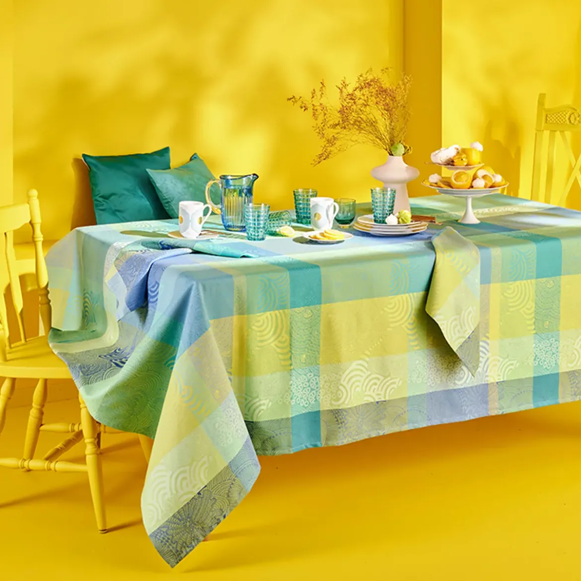 Nappe pur coton motif jacquard bleu Mille rainures atoll