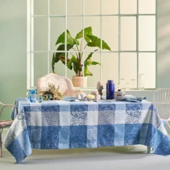 Nappe pur coton motif jacquard bleu Mille rameaux bleu