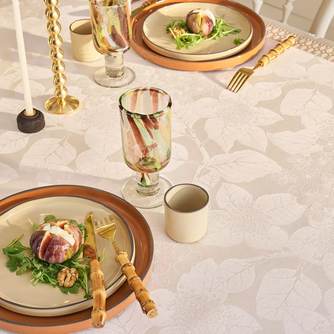 Nappe pur coton motif jacquard beige Mille hortensias naturel