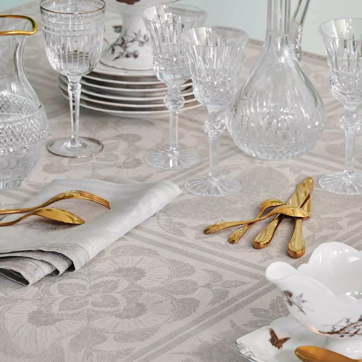 Nappe pur lin antitache motif jacquard beige Harmonie beige
