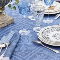Nappe pur lin antitache motif jacquard bleu Harmonie bleu
