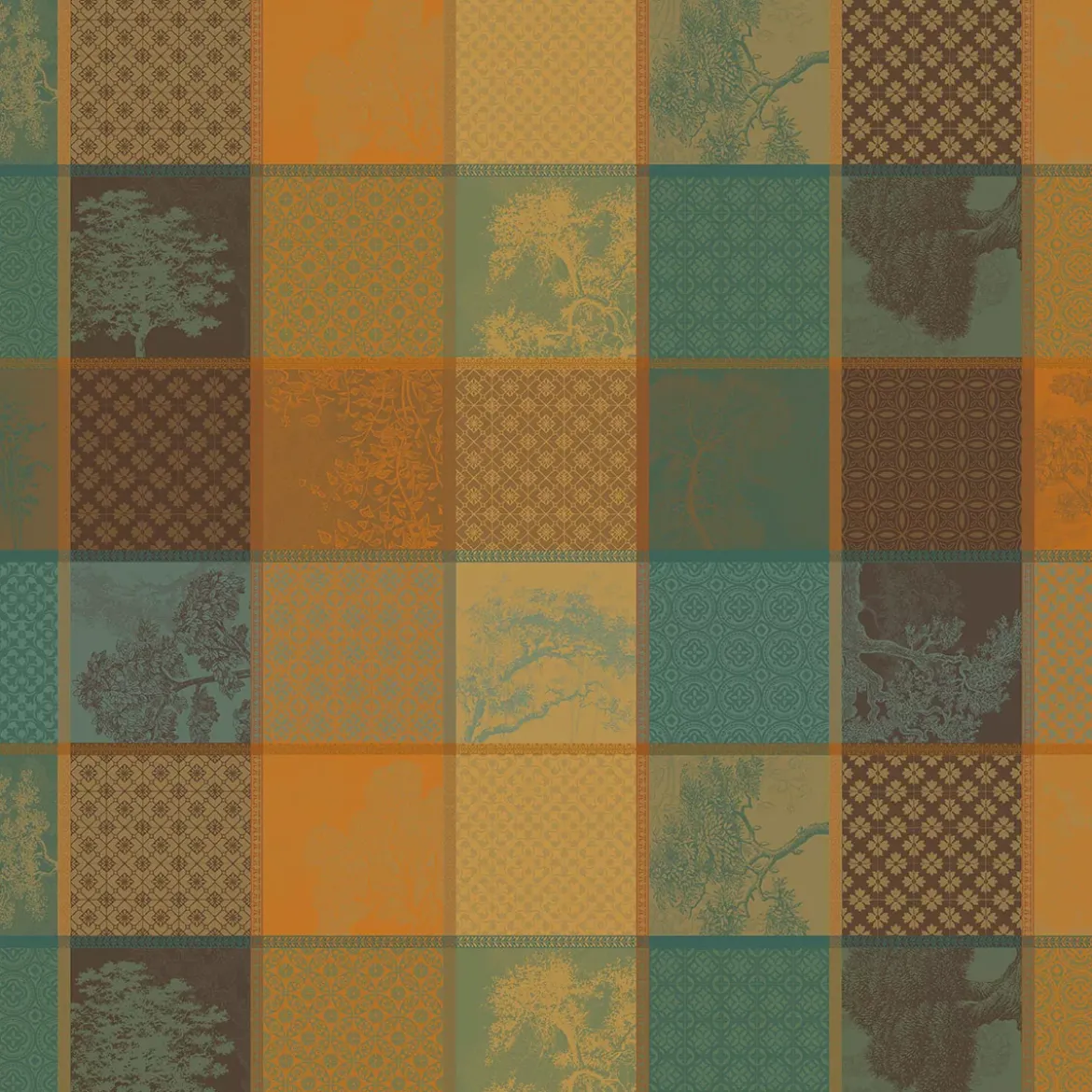 Nappe sur mesure pur coton enduit 220 g/m² motif jacquard vert brun Mille trees foret