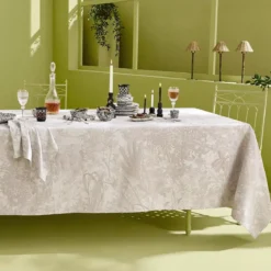 Nappe sur mesure pur coton enduit motif jacquard beige Mille esprit jardins chanvre