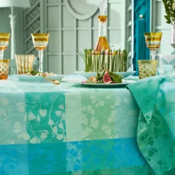 Nappe sur mesure pur coton enduit motif jacquard bleu vert Mille feuillages turquoise
