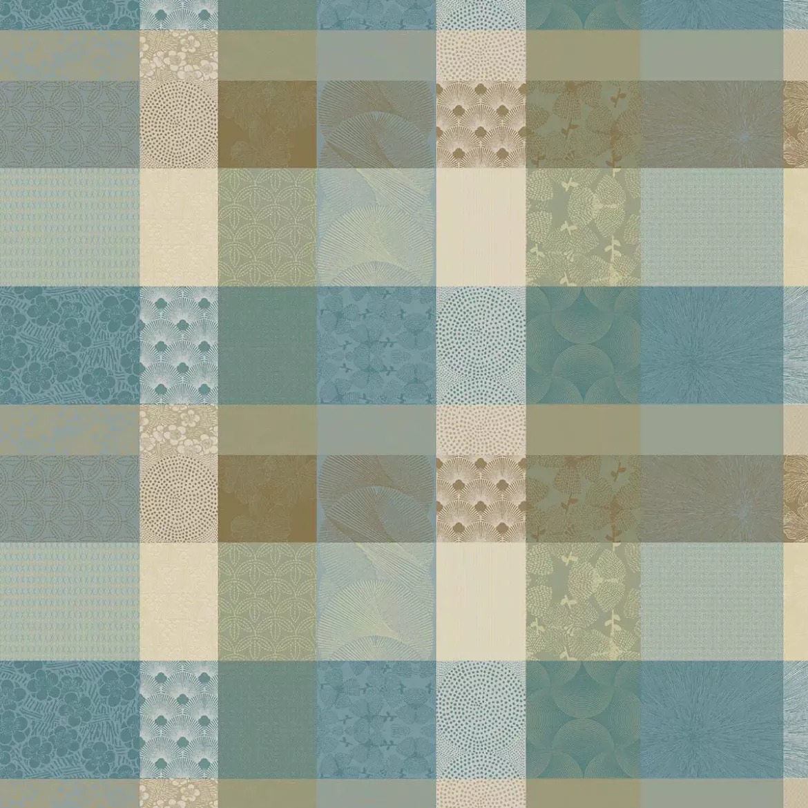 Nappe sur mesure pur coton enduit motif jacquard bleu beige Mille zen ecume
