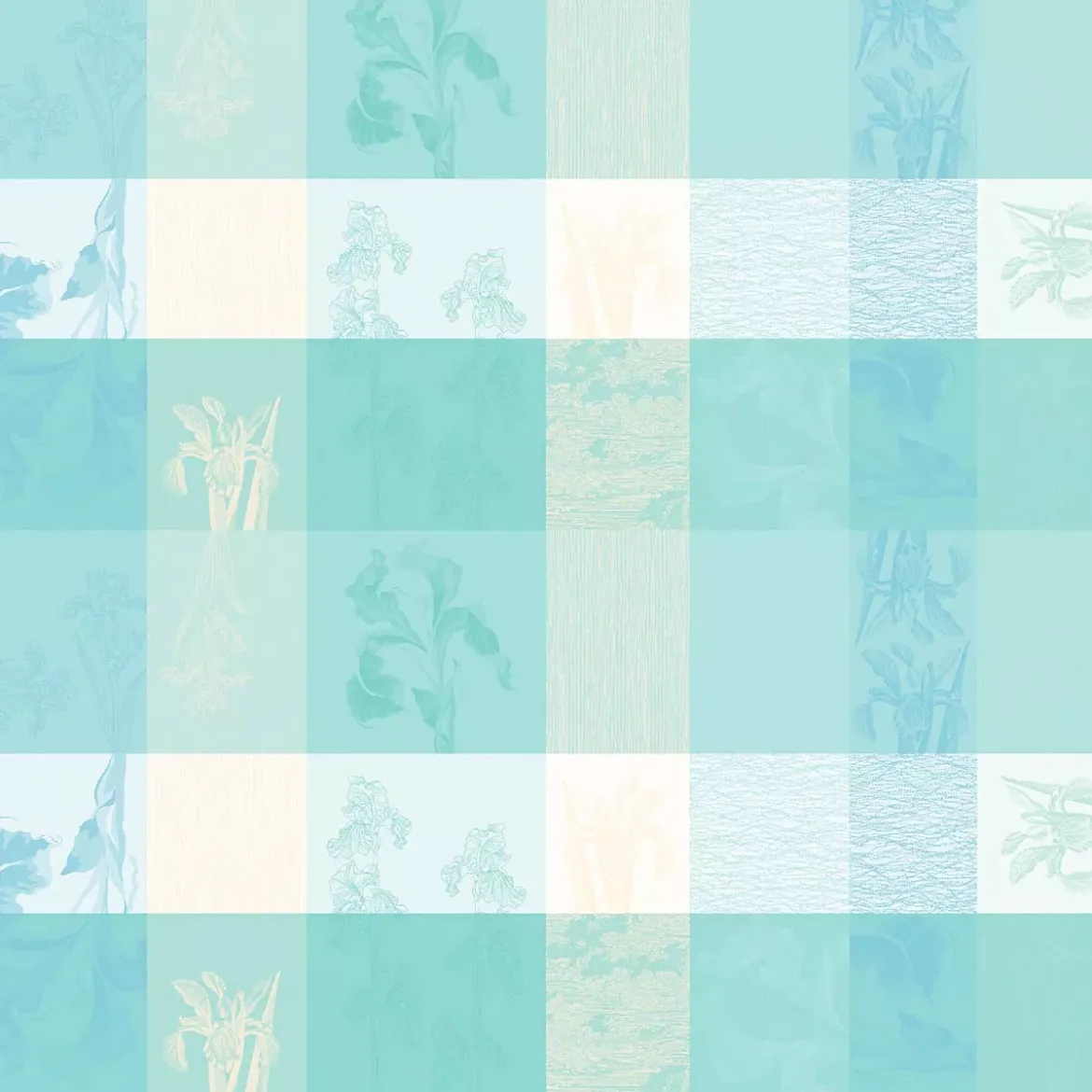 Nappe sur mesure pur coton enduit 220 g/m² motif jacquard bleu beige Mille iris d'eau aqua