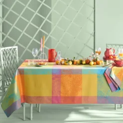 Nappe sur mesure pur coton enduit motif jacquard bleu jaune orange Mille vagues exotique