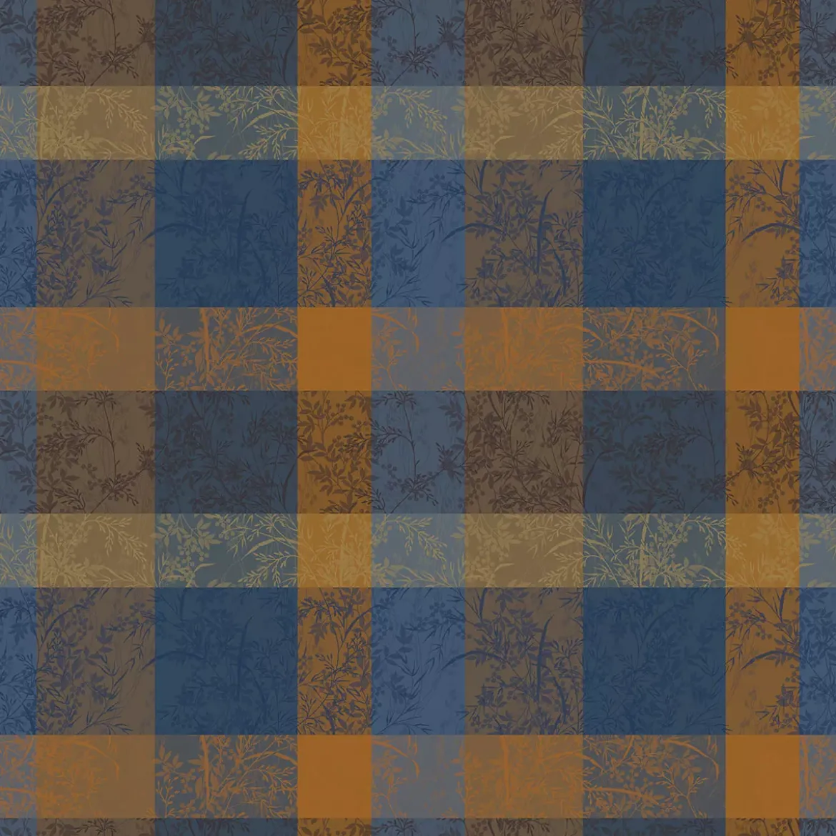 Nappe sur mesure pur coton enduit 220 g/m² motif jacquard bleu brun Mille branchages crepuscule