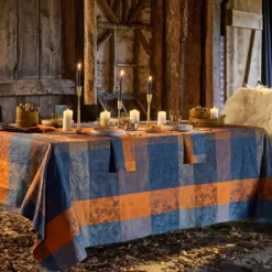 Nappe sur mesure pur coton enduit 220 g/m² motif jacquard bleu brun Mille branchages crepuscule