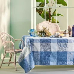 Nappe sur mesure pur coton enduit motif jacquard bleu Mille rameaux bleu
