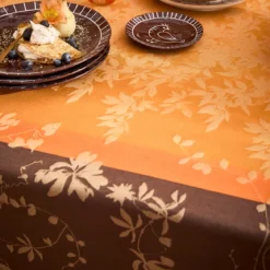 Nappe sur mesure pur coton 220 g/m² motif jacquard orange marron Mille lierres automne