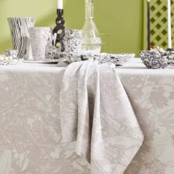 Nappe sur mesure pur coton 220 g/m² motif jacquard beige Mille esprit jardins chanvre