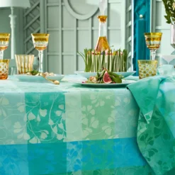 Nappe sur mesure pur coton motif jacquard bleu vert Mille feuillages turquoise