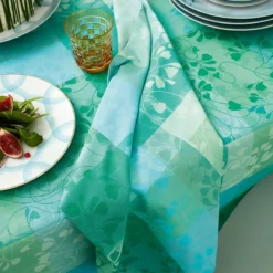 Nappe sur mesure pur coton motif jacquard bleu vert Mille feuillages turquoise
